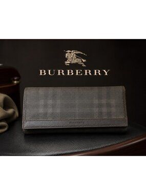Burberry Black Label Check Long Continental Wallet Leather Snap Closure Black